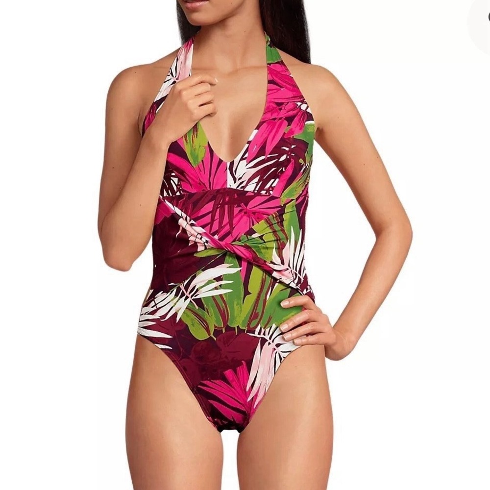 Lands End Sculpting Suit Plunge Halter High Leg One Piece Swimsuit Size 16